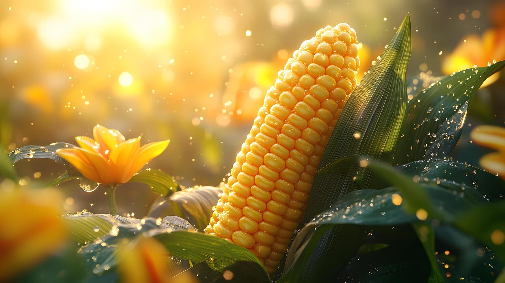 3D cartoon corn on the cob with stylized yellow kernels, featuring vibrant green leaves with water droplets and golden sunlight effect in glossy finish. kernels photo