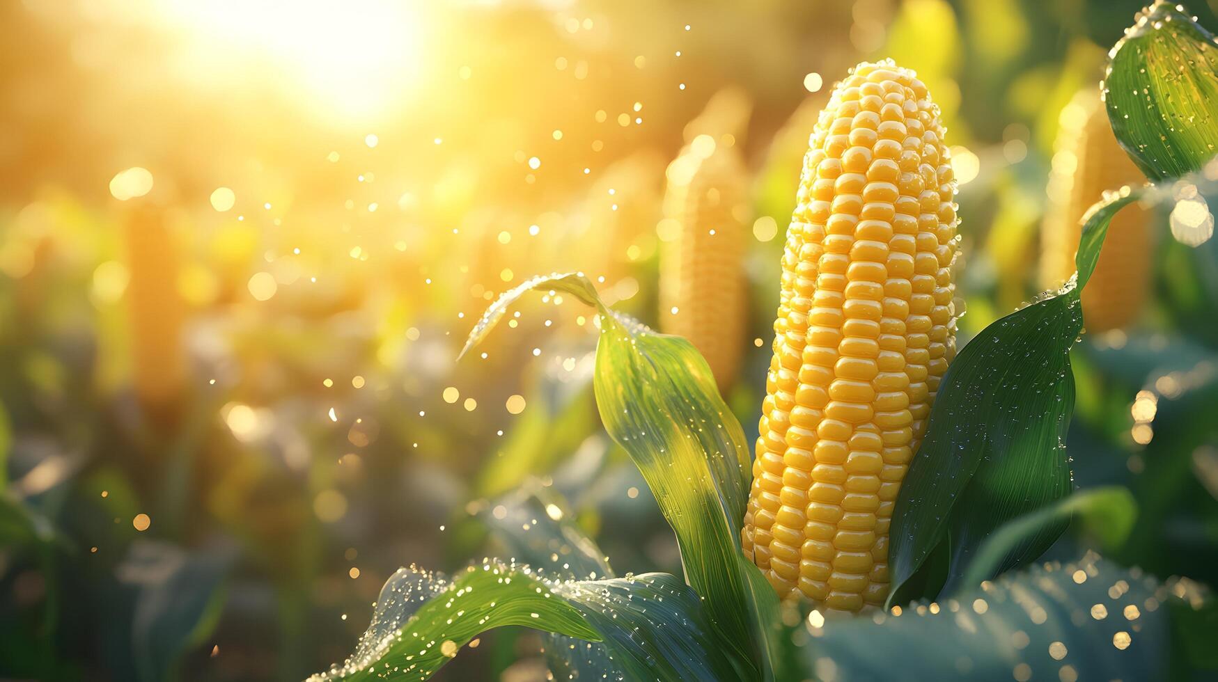 3D cartoon corn on the cob with stylized yellow kernels, featuring vibrant green leaves with water droplets and golden sunlight effect in glossy finish. leaves photo
