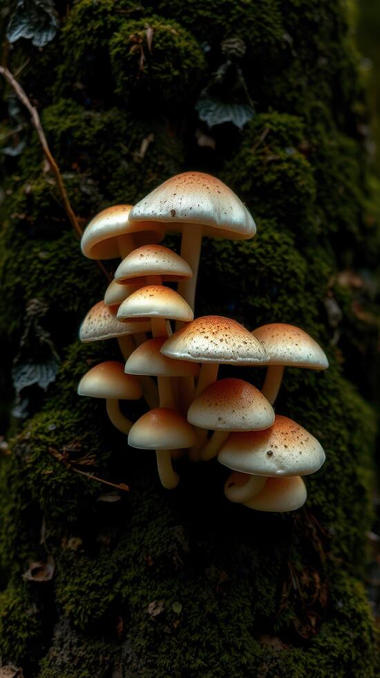 A group of mushrooms growing on a tree trunk photo