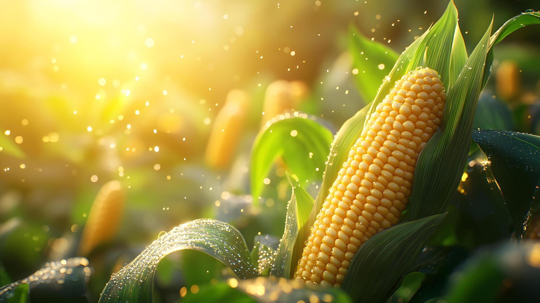 3D cartoon corn on the cob with stylized yellow kernels, featuring vibrant green leaves with water droplets and golden sunlight effect in glossy finish. sunlight photo