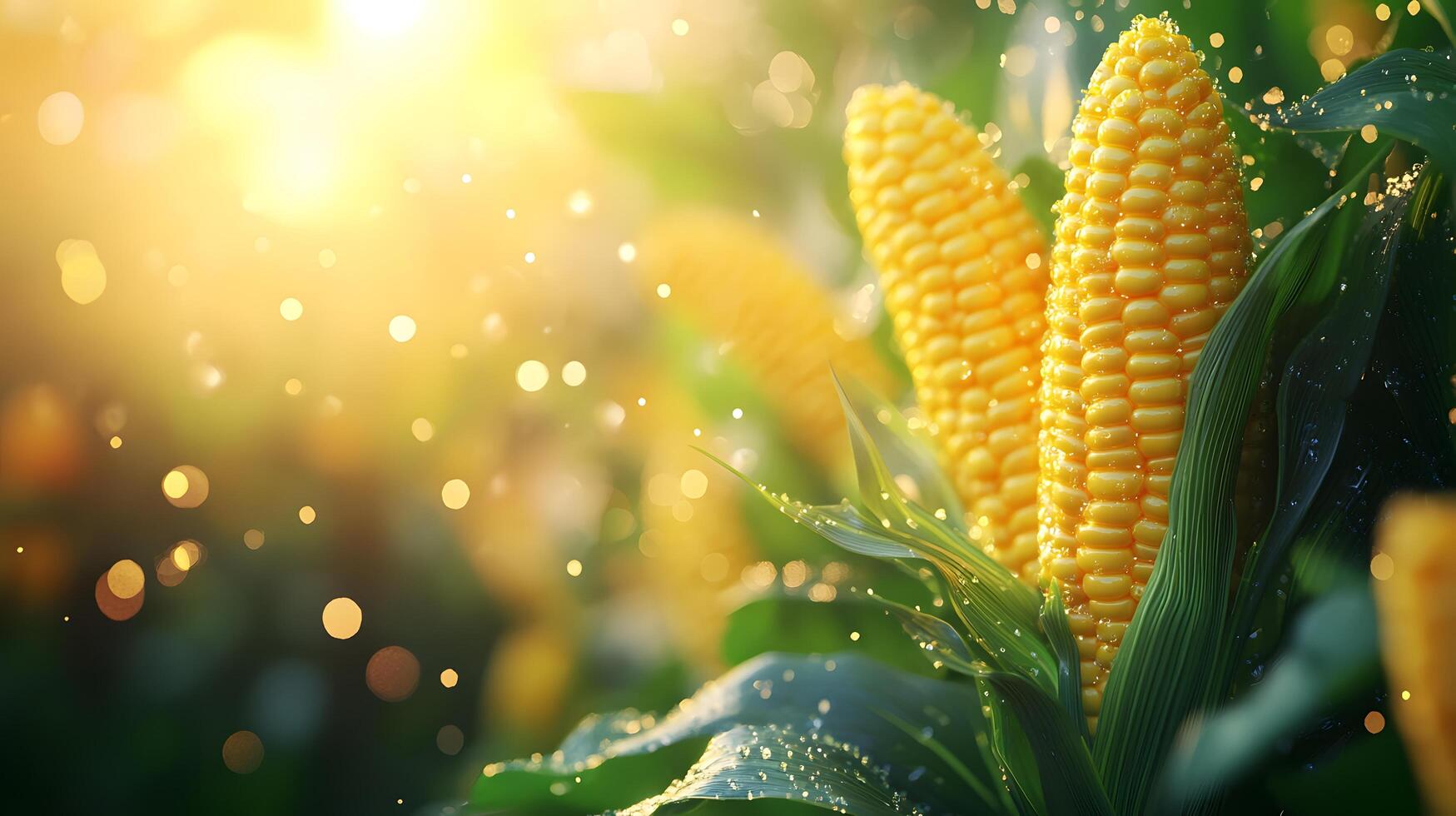 3D cartoon corn on the cob with stylized yellow kernels, featuring vibrant green leaves with water droplets and golden sunlight effect in glossy finish. food photo