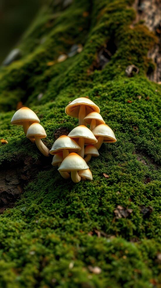 A group of mushrooms growing on a moss covered tree photo
