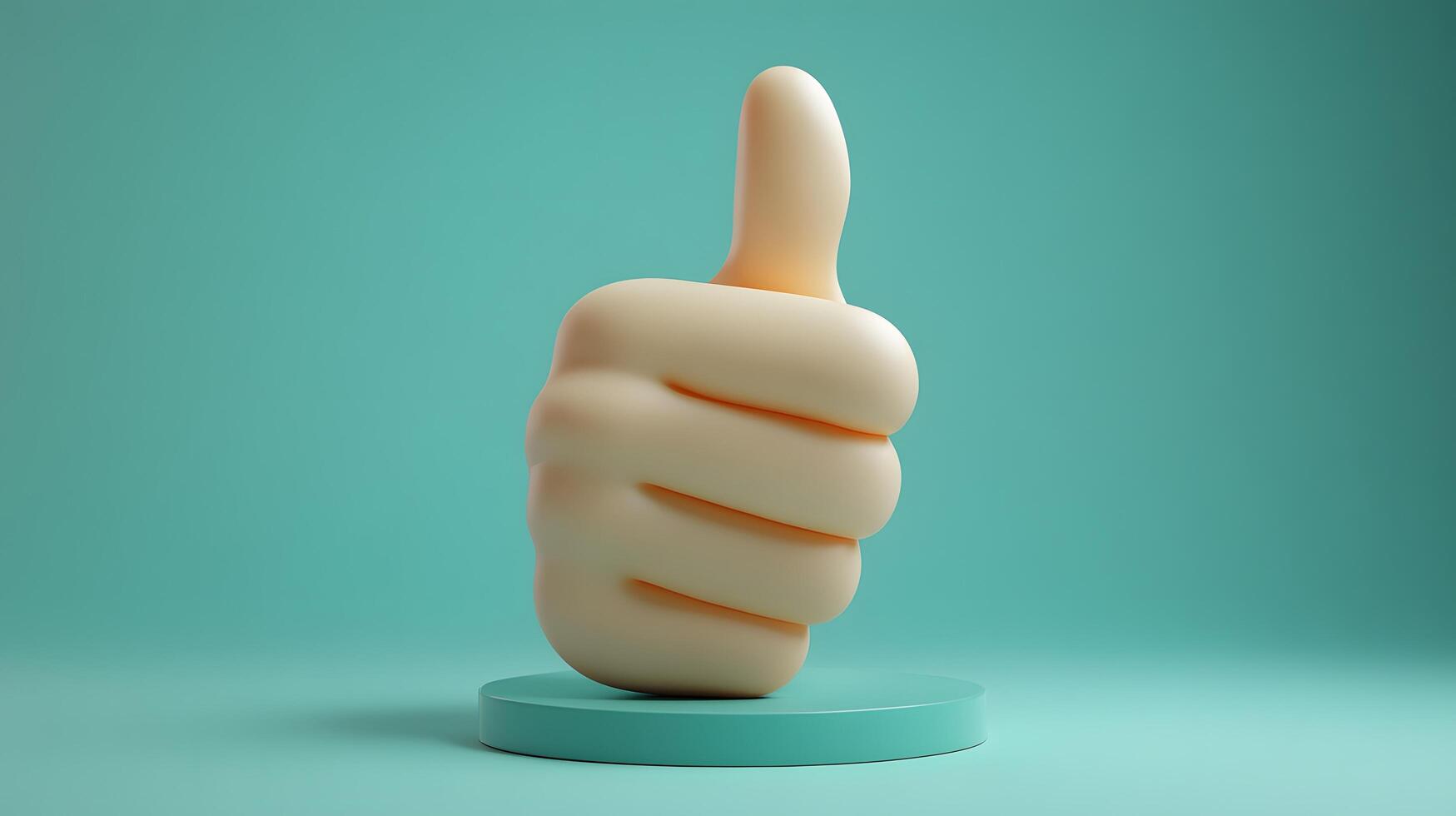 3D cartoon thumbs up gesture in soft plastic toy style, featuring beige hand on green circular background with smooth matte texture and rounded edges. visual photo