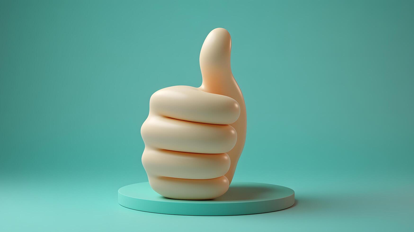3D cartoon thumbs up gesture in soft plastic toy style, featuring beige hand on green circular background with smooth matte texture and rounded edges. communication photo