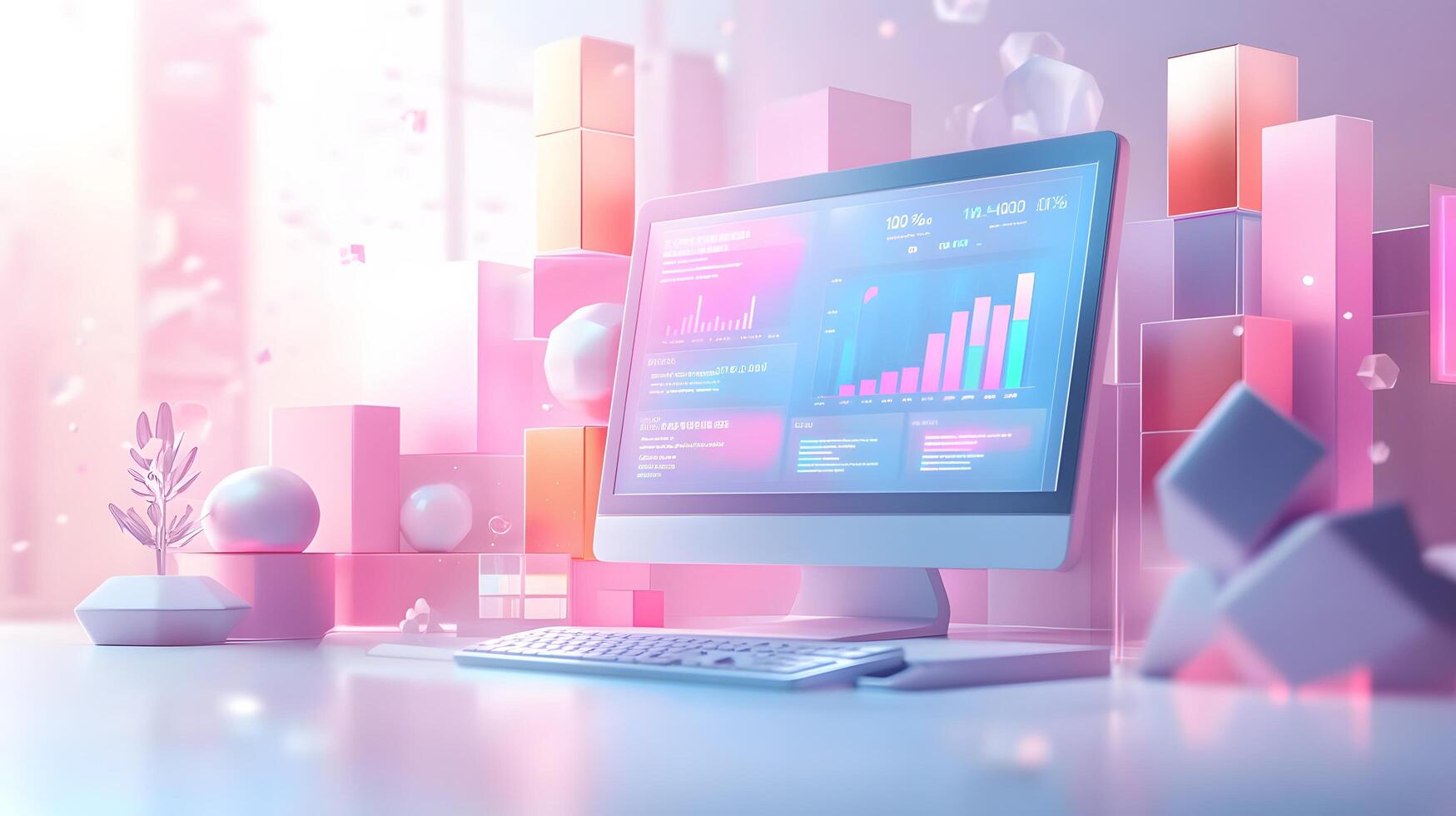 Isometric data visualization workspace with frosted glass effect, featuring holographic gradients and floating UI elements in modern tech dashboard design. interface photo