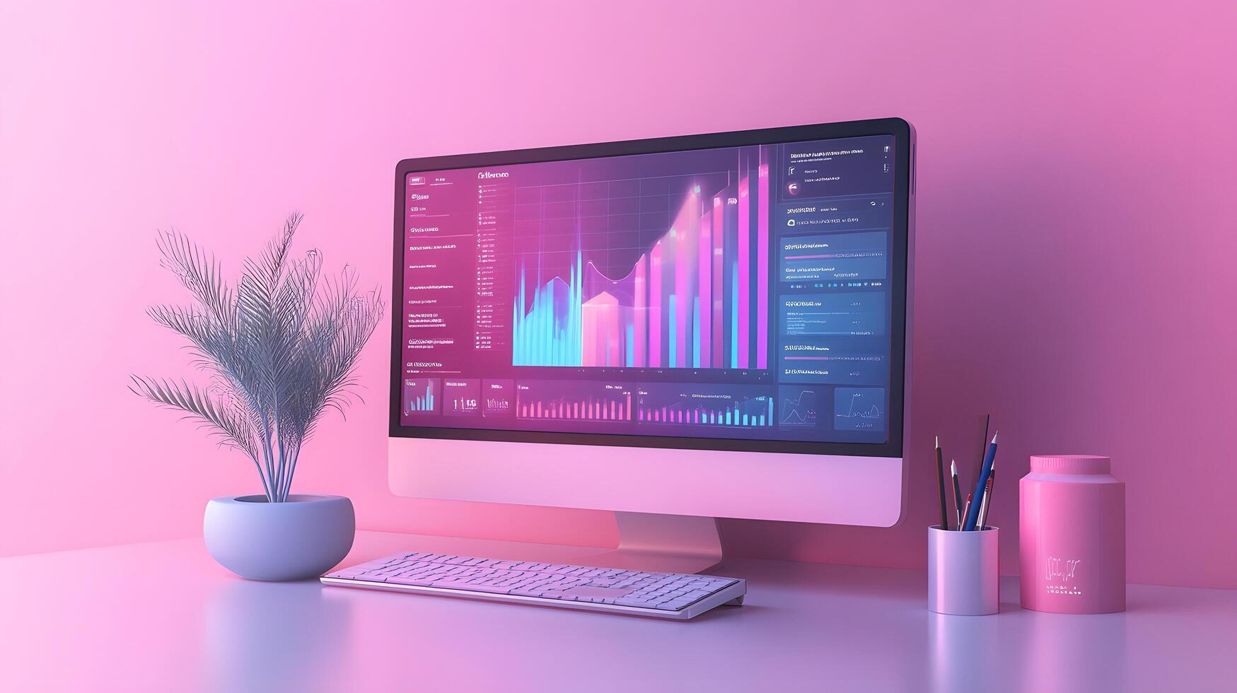 Isometric data visualization workspace with frosted glass effect, featuring holographic gradients and floating UI elements in modern tech dashboard design. gradient photo