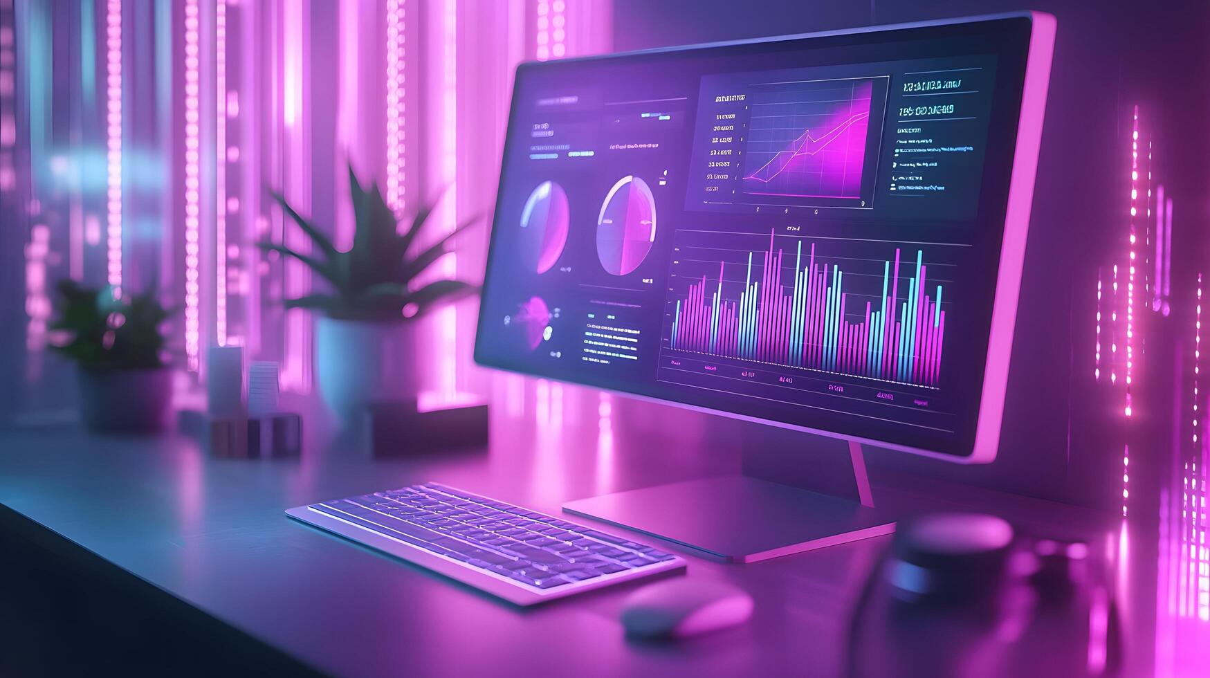 Isometric data visualization workspace with frosted glass effect, featuring holographic gradients and floating UI elements in modern tech dashboard design. holographic photo
