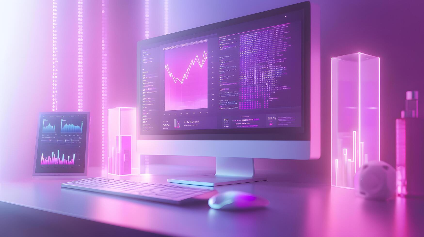 Isometric data visualization workspace with frosted glass effect, featuring holographic gradients and floating UI elements in modern tech dashboard design. design photo