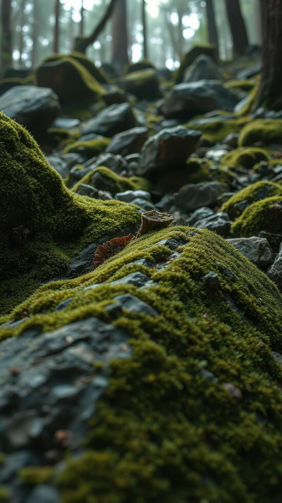 A forest with mossy rocks and trees photo