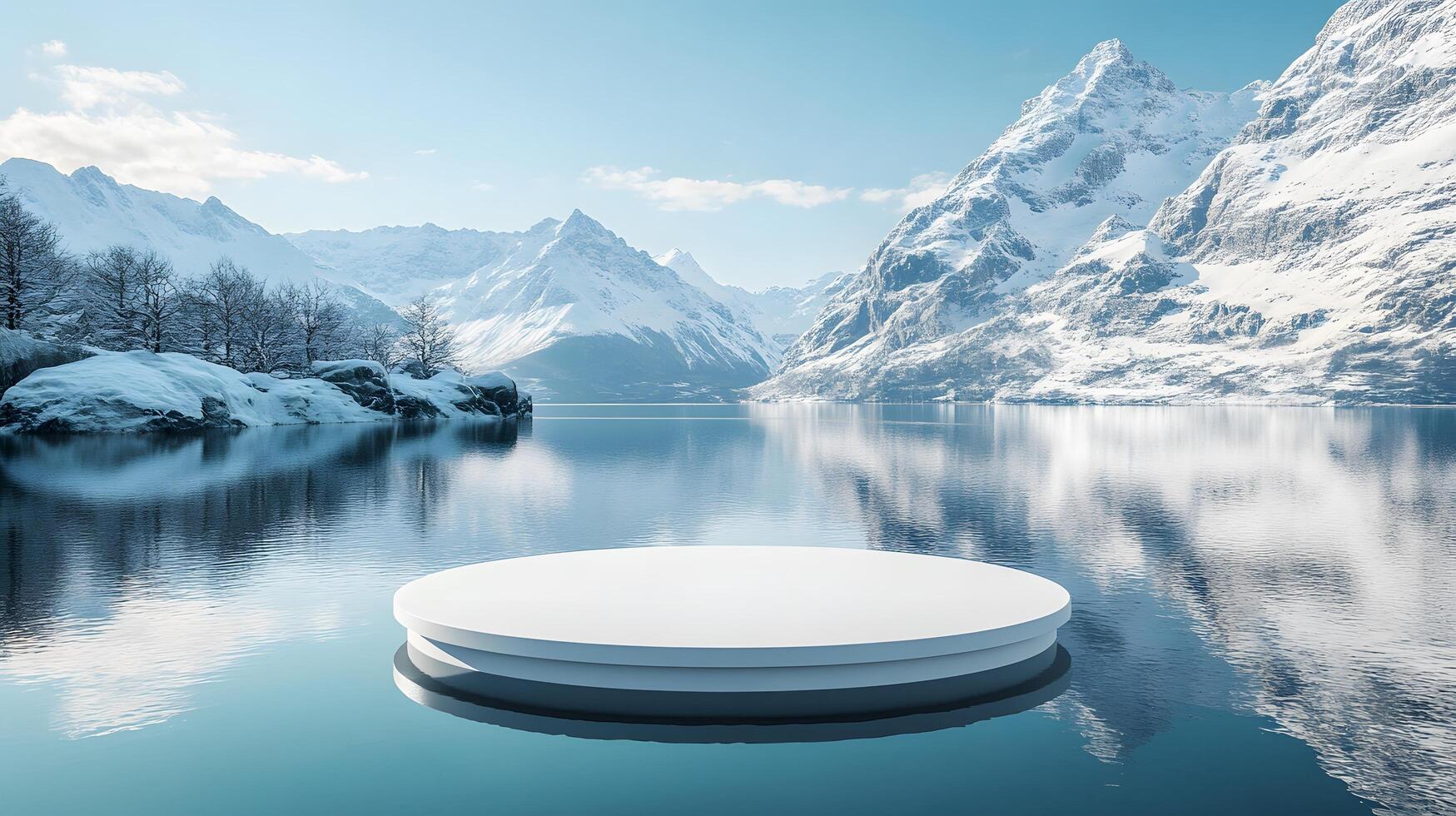 3D white circular platform floating on mountain lake, featuring snow-capped peaks backdrop and perfect mirror reflection in serene winter landscape setting. visualization photo