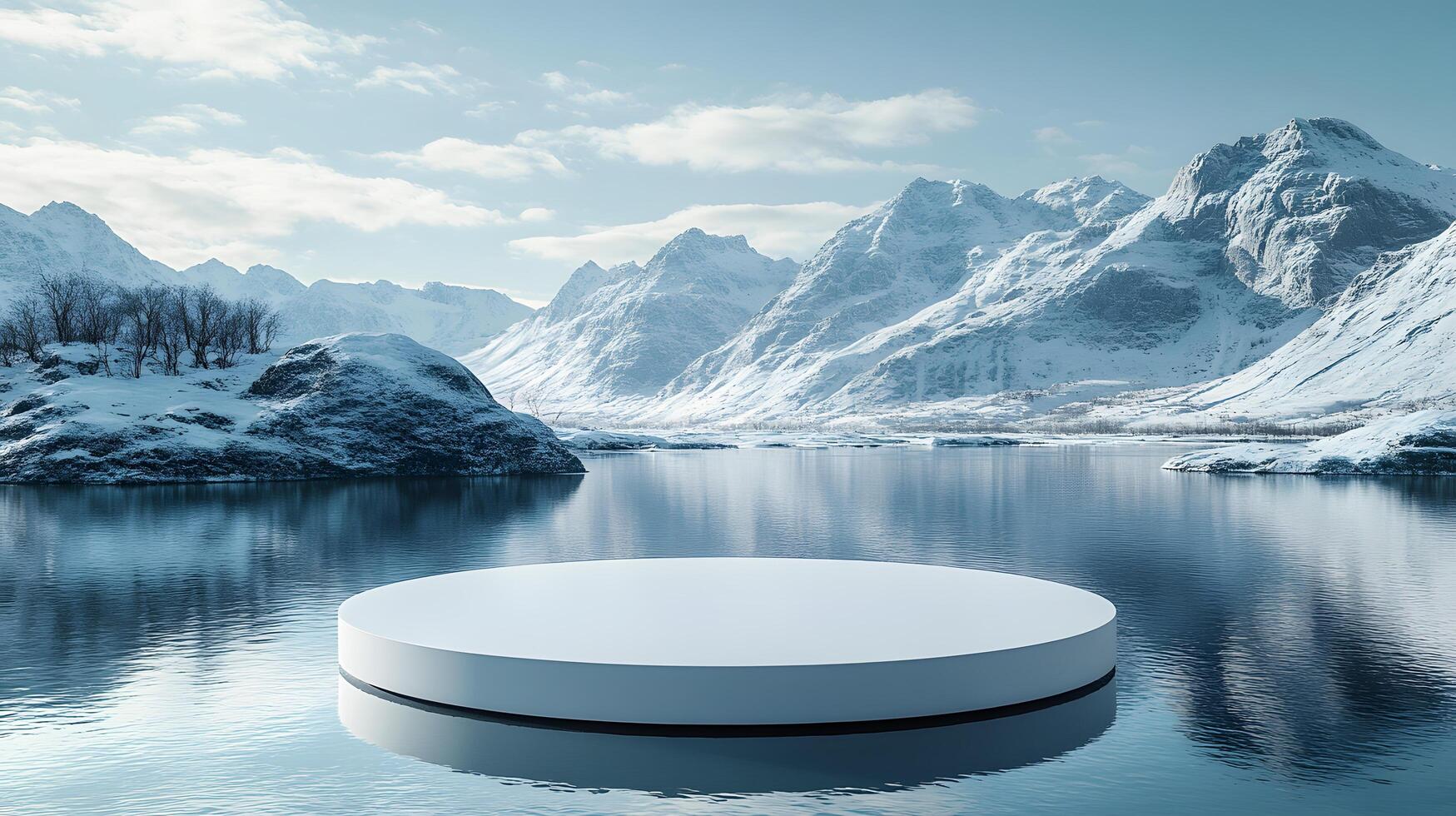 3D white circular platform floating on mountain lake, featuring snow-capped peaks backdrop and perfect mirror reflection in serene winter landscape setting. mountain photo