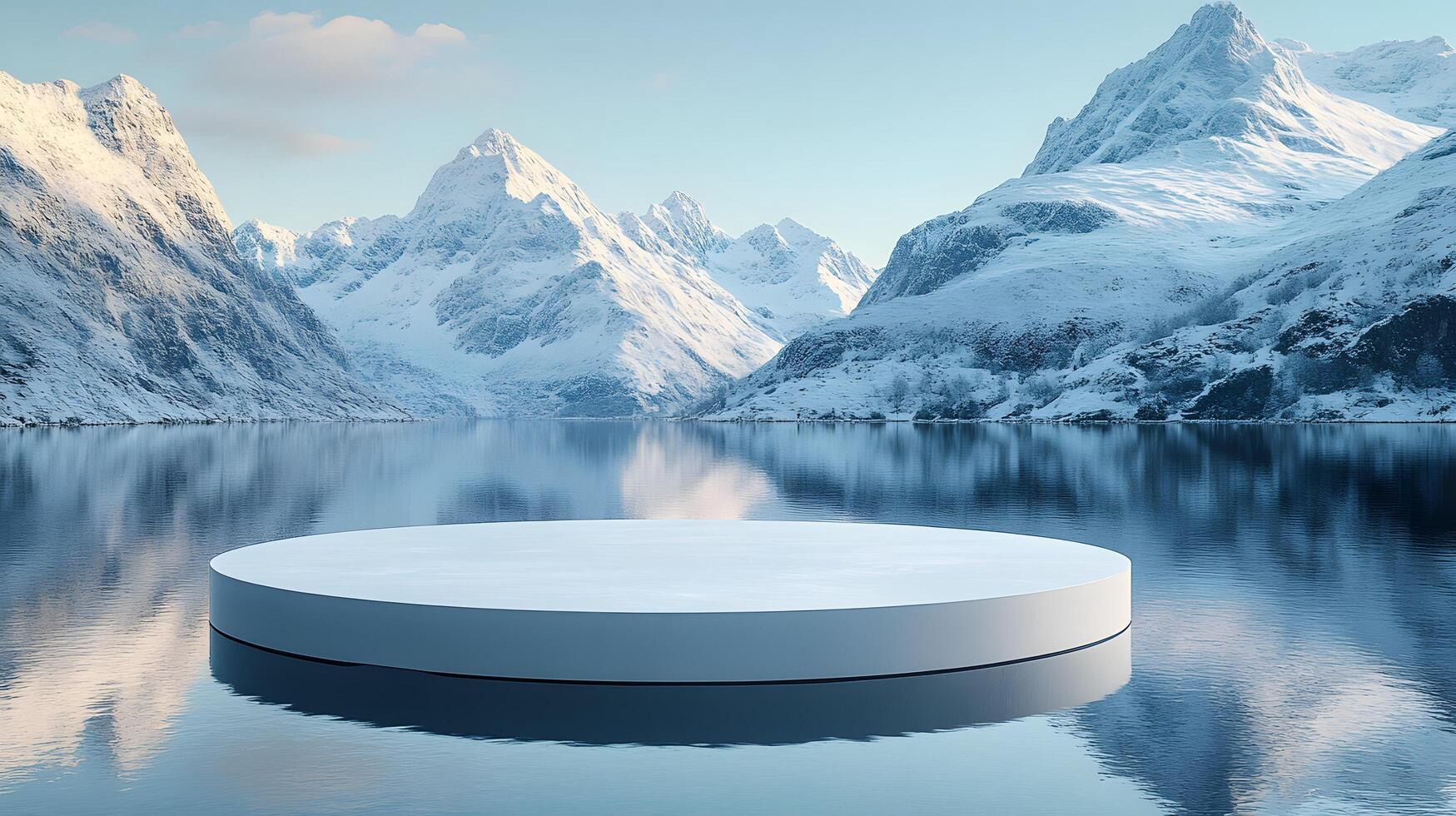 3D white circular platform floating on mountain lake, featuring snow-capped peaks backdrop and perfect mirror reflection in serene winter landscape setting. lake photo