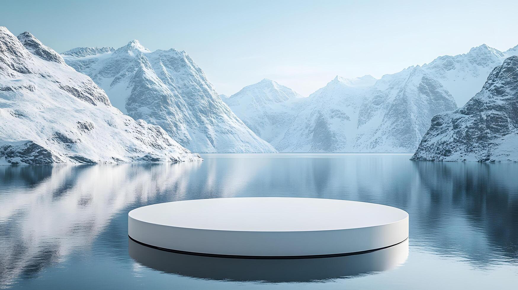 3D white circular platform floating on mountain lake, featuring snow-capped peaks backdrop and perfect mirror reflection in serene winter landscape setting. landscape photo