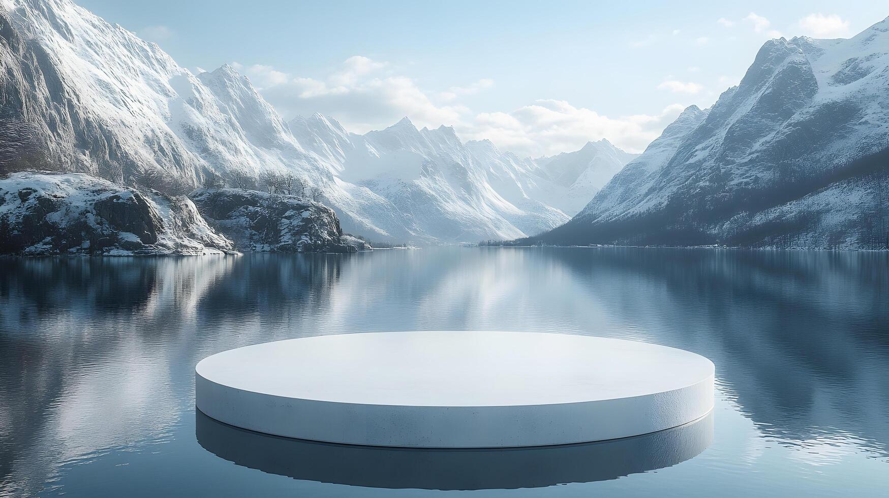 3D white circular platform floating on mountain lake, featuring snow-capped peaks backdrop and perfect mirror reflection in serene winter landscape setting. snow photo