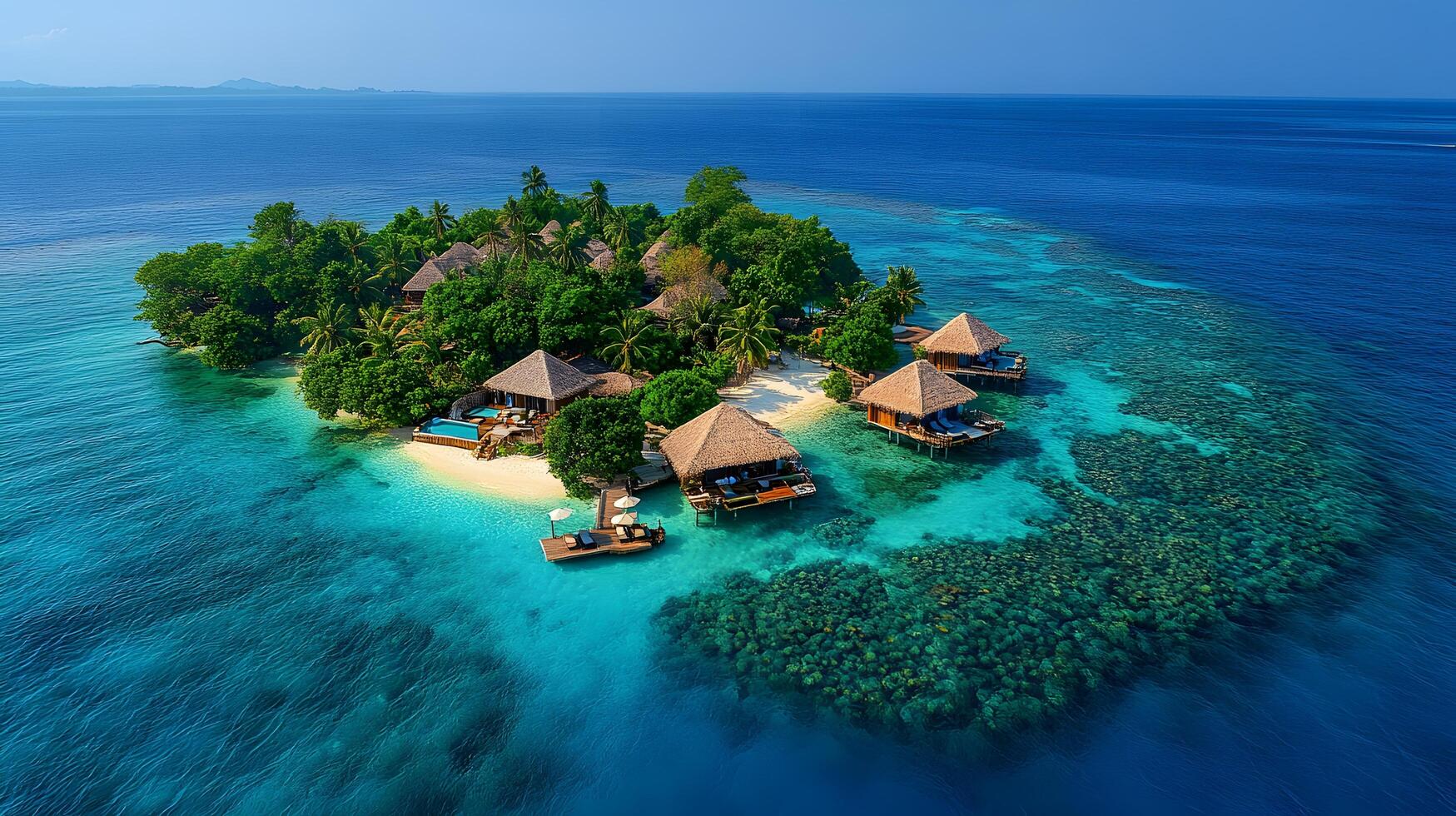 Aerial view of tropical island resort with overwater bungalows, featuring turquoise ocean, white sandy beaches, and lush palm trees in panoramic perspective. architecture photo