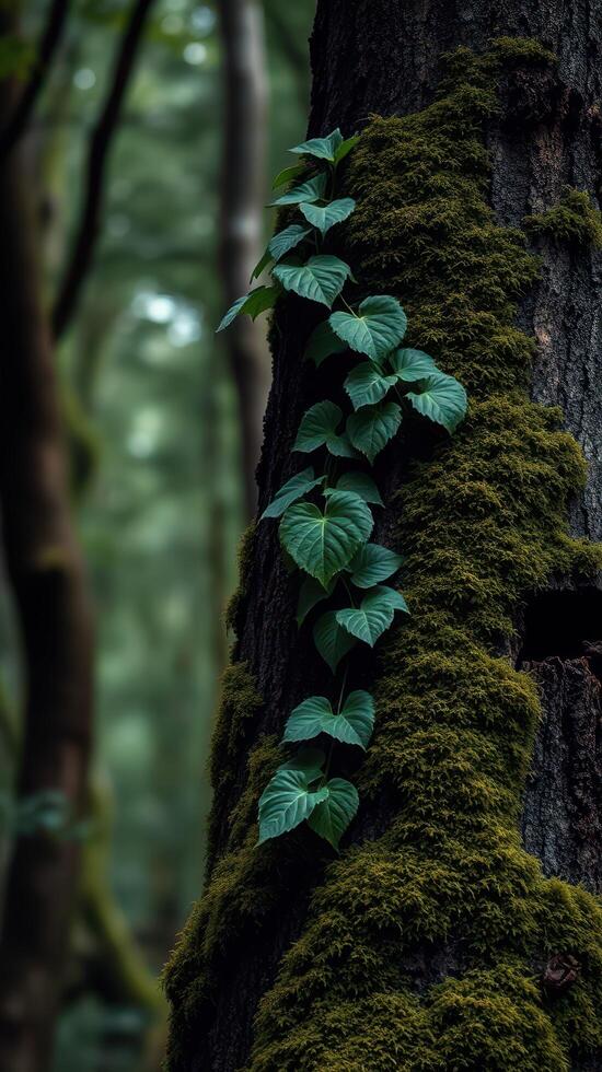 A mossy tree trunk with green leaves growing on it photo
