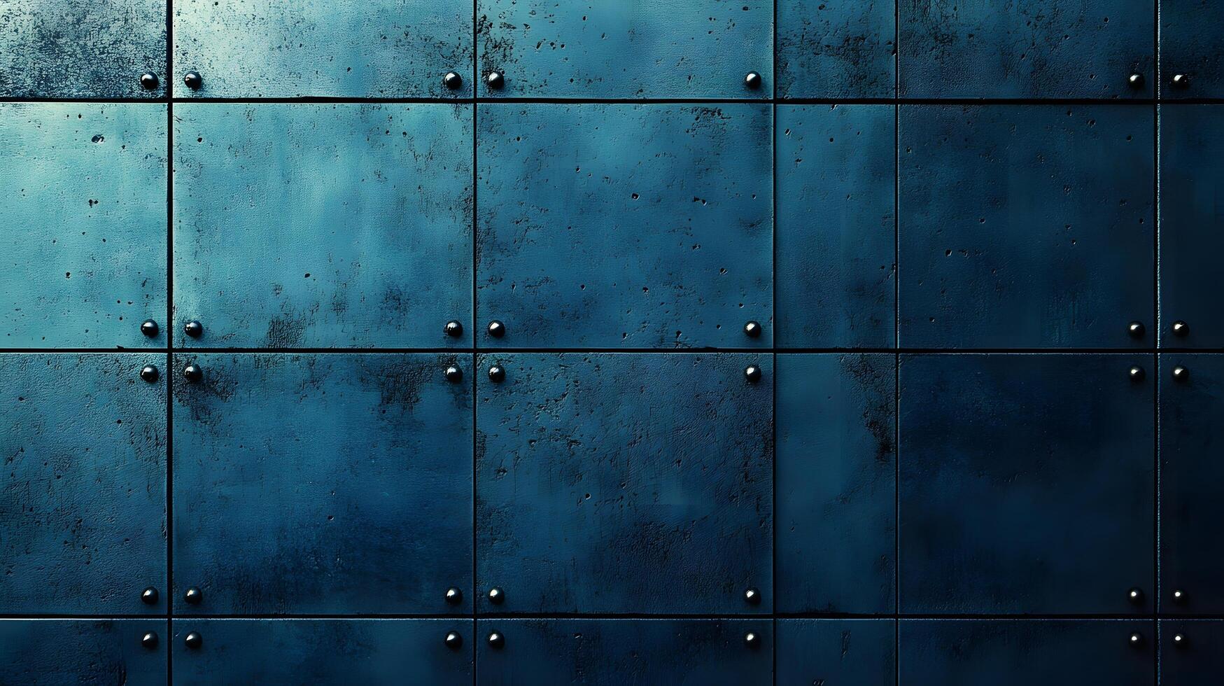 Industrial concrete wall with dramatic downlighting and blue-tinted surface, featuring geometric panel patterns and metallic rivets in modern brutalist architectural style. industrial photo