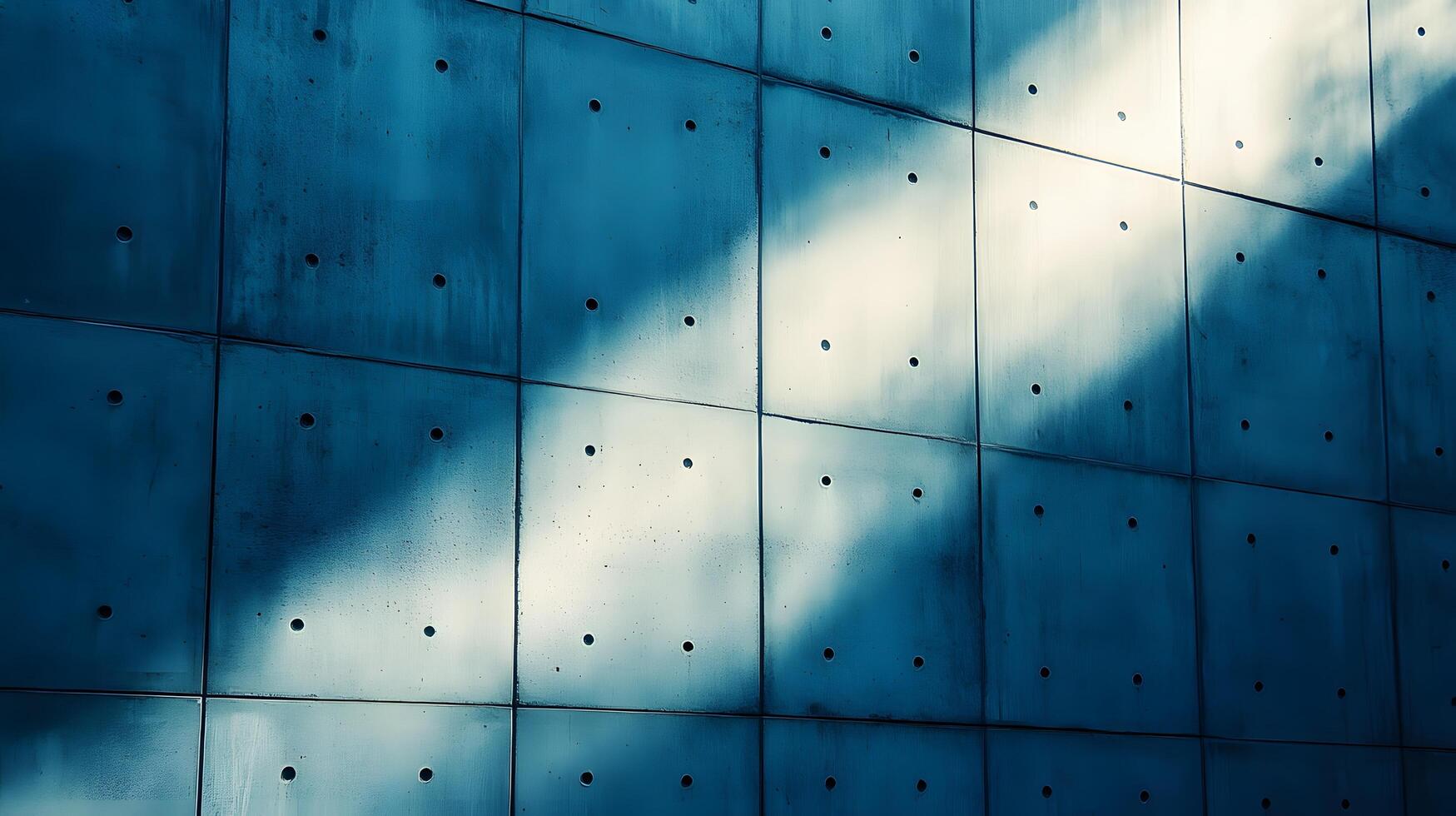 Industrial concrete wall with dramatic downlighting and blue-tinted surface, featuring geometric panel patterns and metallic rivets in modern brutalist architectural style. construction photo