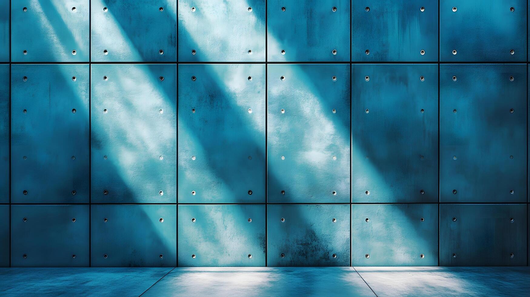 Industrial concrete wall with dramatic downlighting and blue-tinted surface, featuring geometric panel patterns and metallic rivets in modern brutalist architectural style. design photo