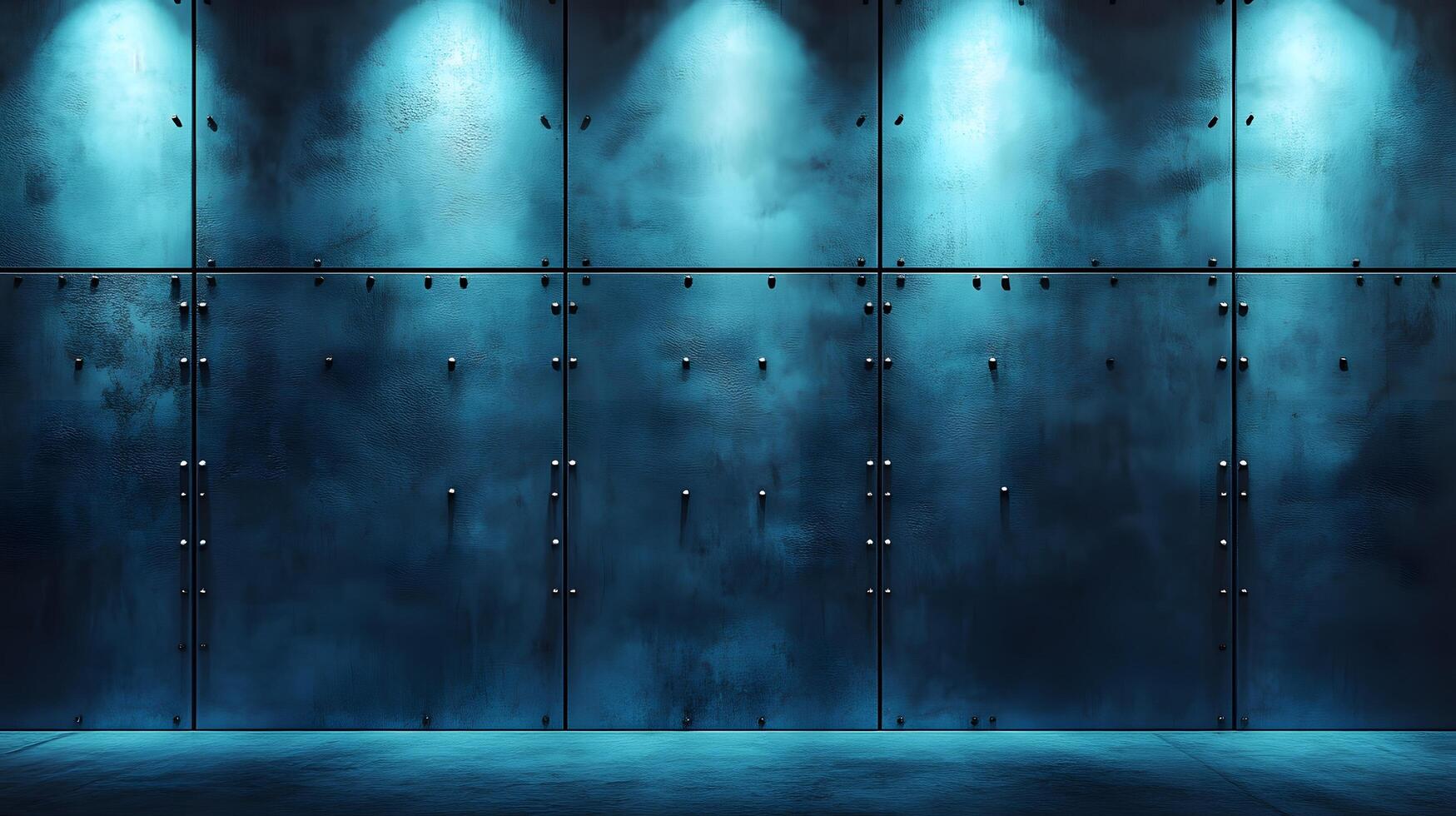 Industrial concrete wall with dramatic downlighting and blue-tinted surface, featuring geometric panel patterns and metallic rivets in modern brutalist architectural style. material photo