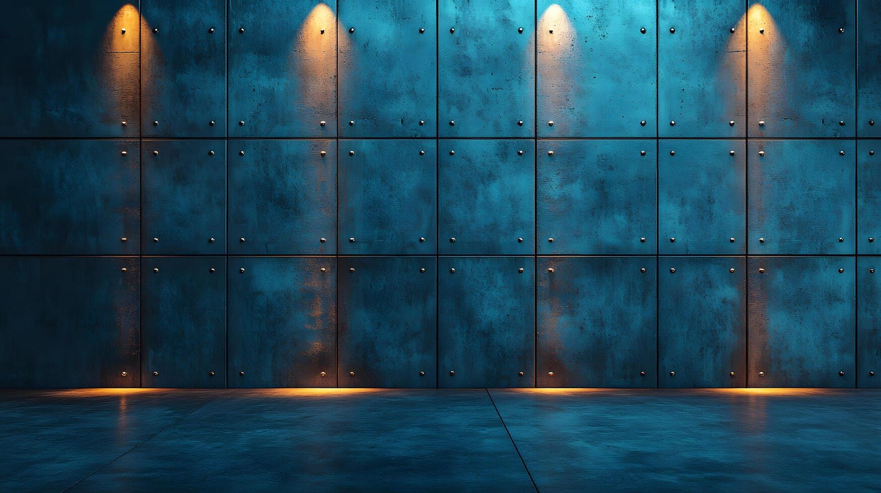 Industrial concrete wall with dramatic downlighting and blue-tinted surface, featuring geometric panel patterns and metallic rivets in modern brutalist architectural style. pattern photo