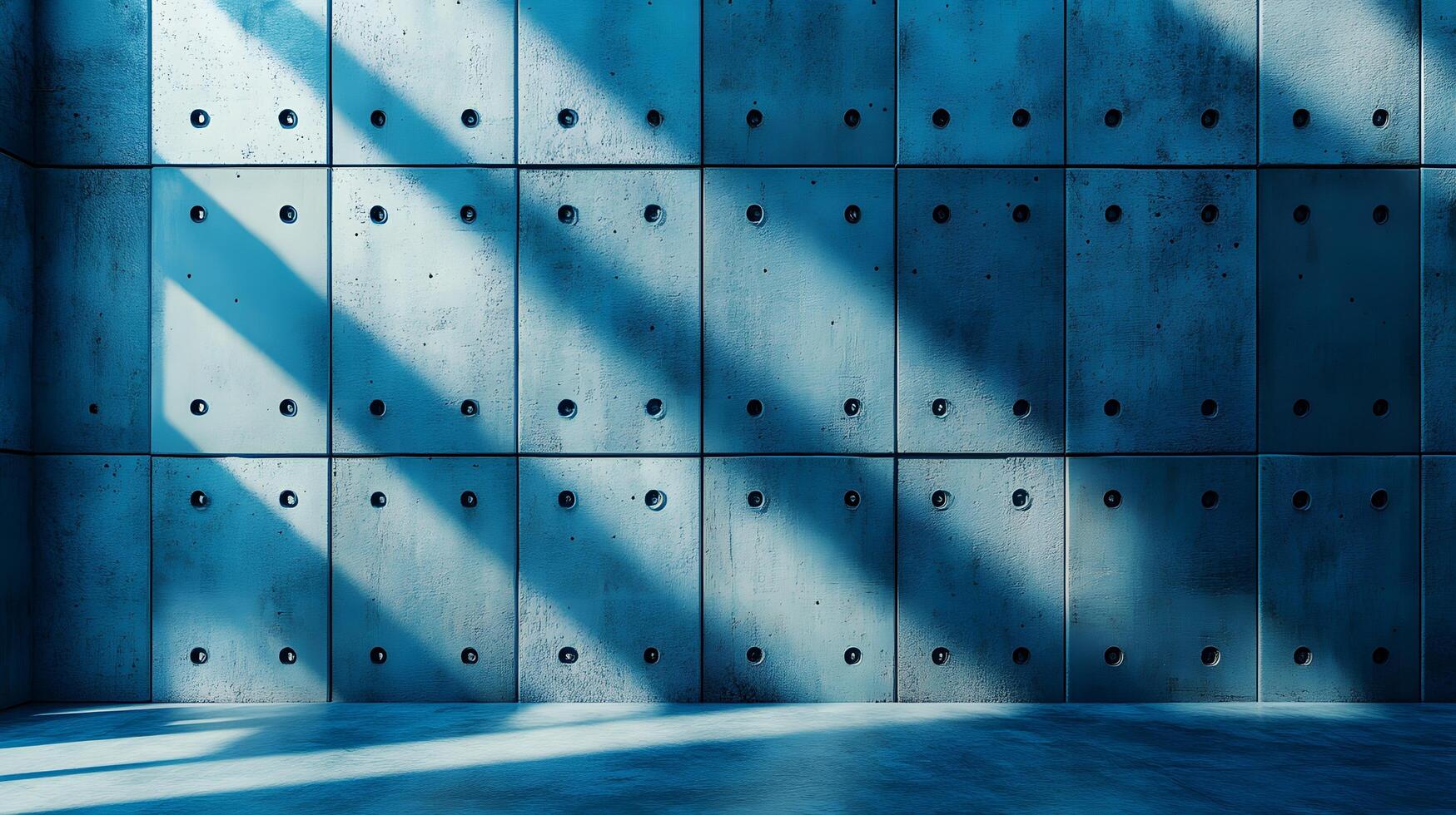 Industrial concrete wall with dramatic downlighting and blue-tinted surface, featuring geometric panel patterns and metallic rivets in modern brutalist architectural style. shape photo