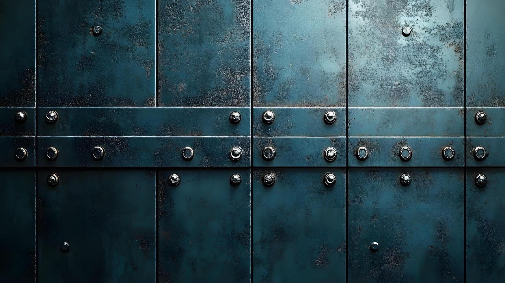Industrial concrete wall with dramatic downlighting and blue-tinted surface, featuring geometric panel patterns and metallic rivets in modern brutalist architectural style. dimension photo