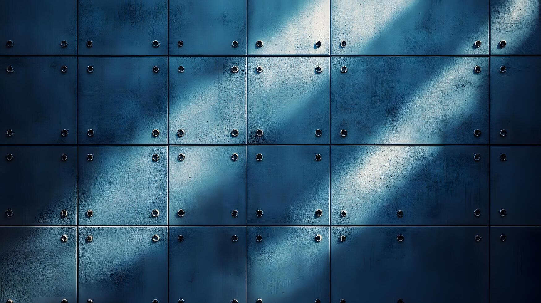 Industrial concrete wall with dramatic downlighting and blue-tinted surface, featuring geometric panel patterns and metallic rivets in modern brutalist architectural style. scale photo