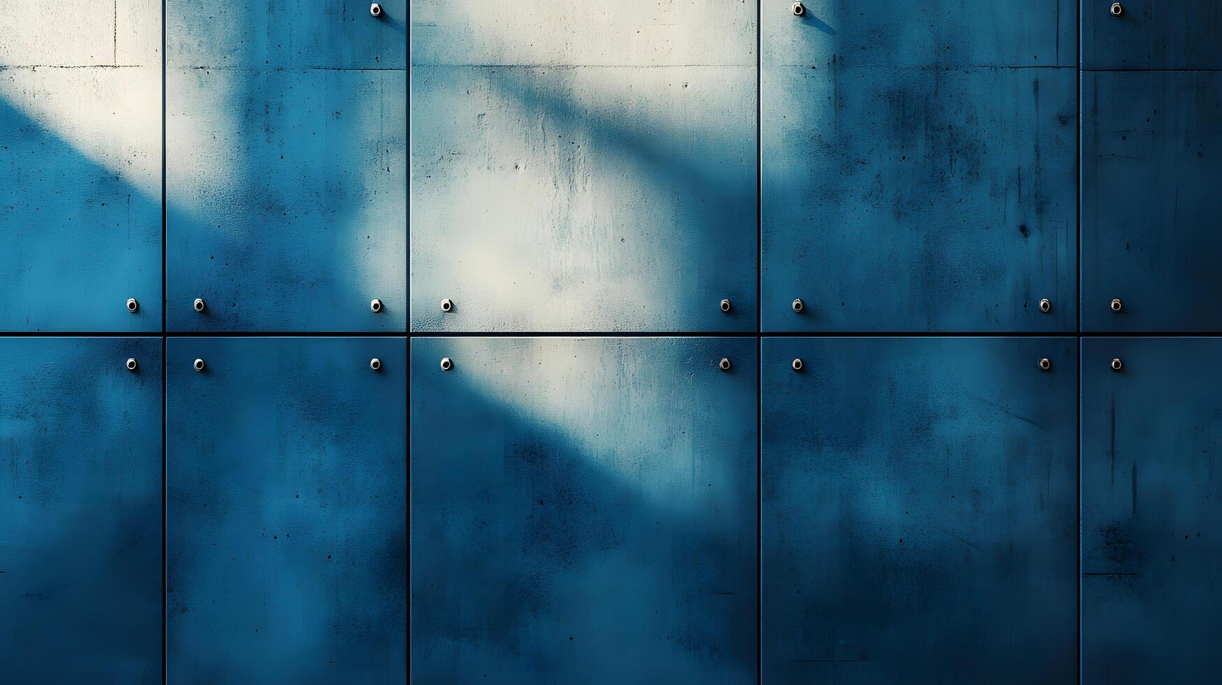 Industrial concrete wall with dramatic downlighting and blue-tinted surface, featuring geometric panel patterns and metallic rivets in modern brutalist architectural style. balance photo