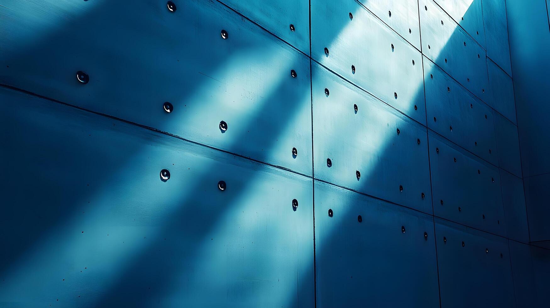 Industrial concrete wall with dramatic downlighting and blue-tinted surface, featuring geometric panel patterns and metallic rivets in modern brutalist architectural style. perspective photo