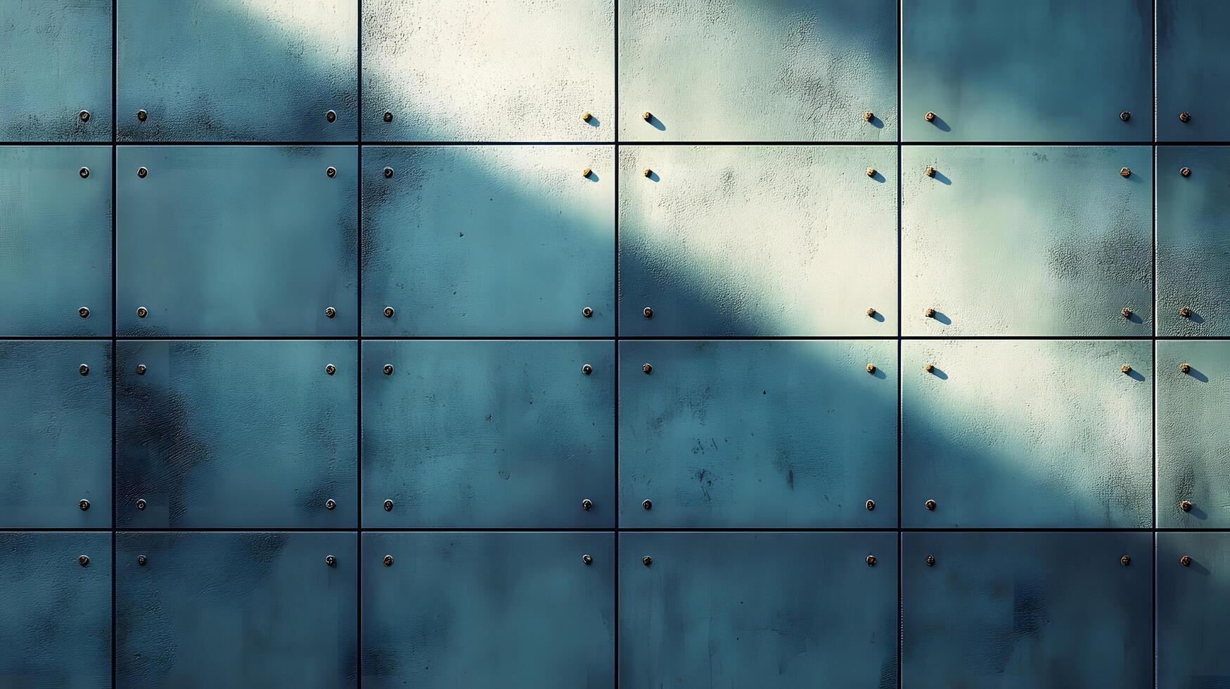 Industrial concrete wall with dramatic downlighting and blue-tinted surface, featuring geometric panel patterns and metallic rivets in modern brutalist architectural style. concrete photo