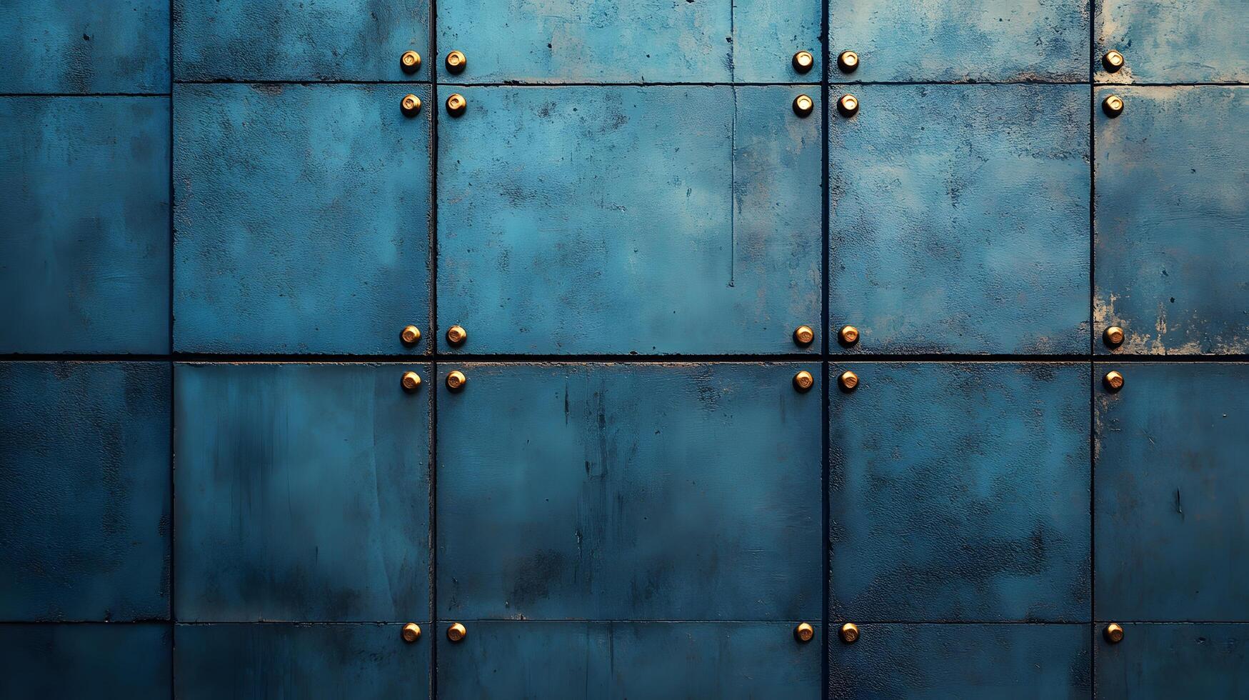 Industrial concrete wall with dramatic downlighting and blue-tinted surface, featuring geometric panel patterns and metallic rivets in modern brutalist architectural style. lighting photo