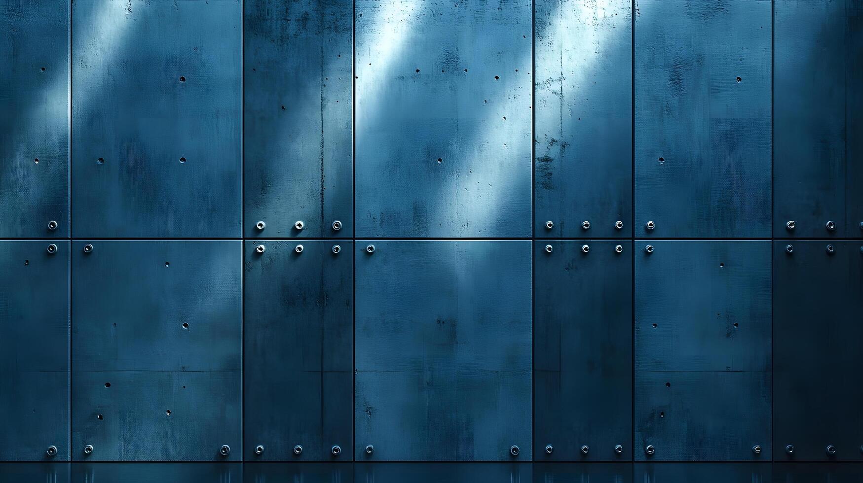 Industrial concrete wall with dramatic downlighting and blue-tinted surface, featuring geometric panel patterns and metallic rivets in modern brutalist architectural style. wall photo