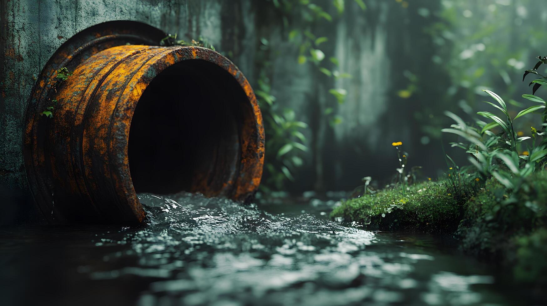 Industrial drainage pipe with flowing wastewater, featuring rusty metal texture and moss surroundings, capturing environmental impact with natural lighting and gritty details. texture photo