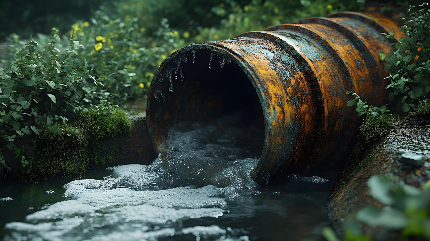 Industrial drainage pipe with flowing wastewater, featuring rusty metal texture and moss surroundings, capturing environmental impact with natural lighting and gritty details. wastewater photo