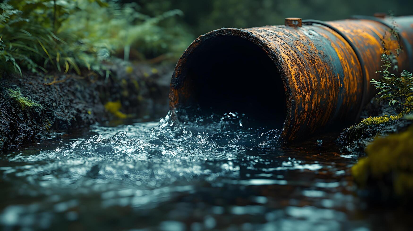 Industrial drainage pipe with flowing wastewater, featuring rusty metal texture and moss surroundings, capturing environmental impact with natural lighting and gritty details. discharge photo