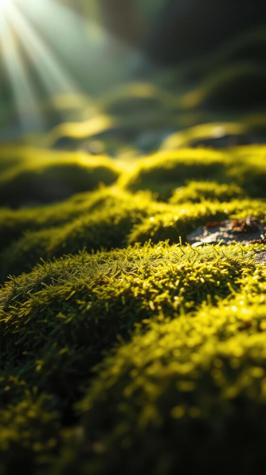 A close up of a moss covered field with sunlight shining through photo