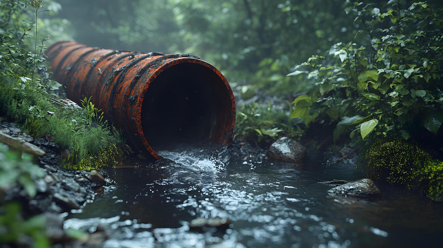 Industrial drainage pipe with flowing wastewater, featuring rusty metal texture and moss surroundings, capturing environmental impact with natural lighting and gritty details. environment photo