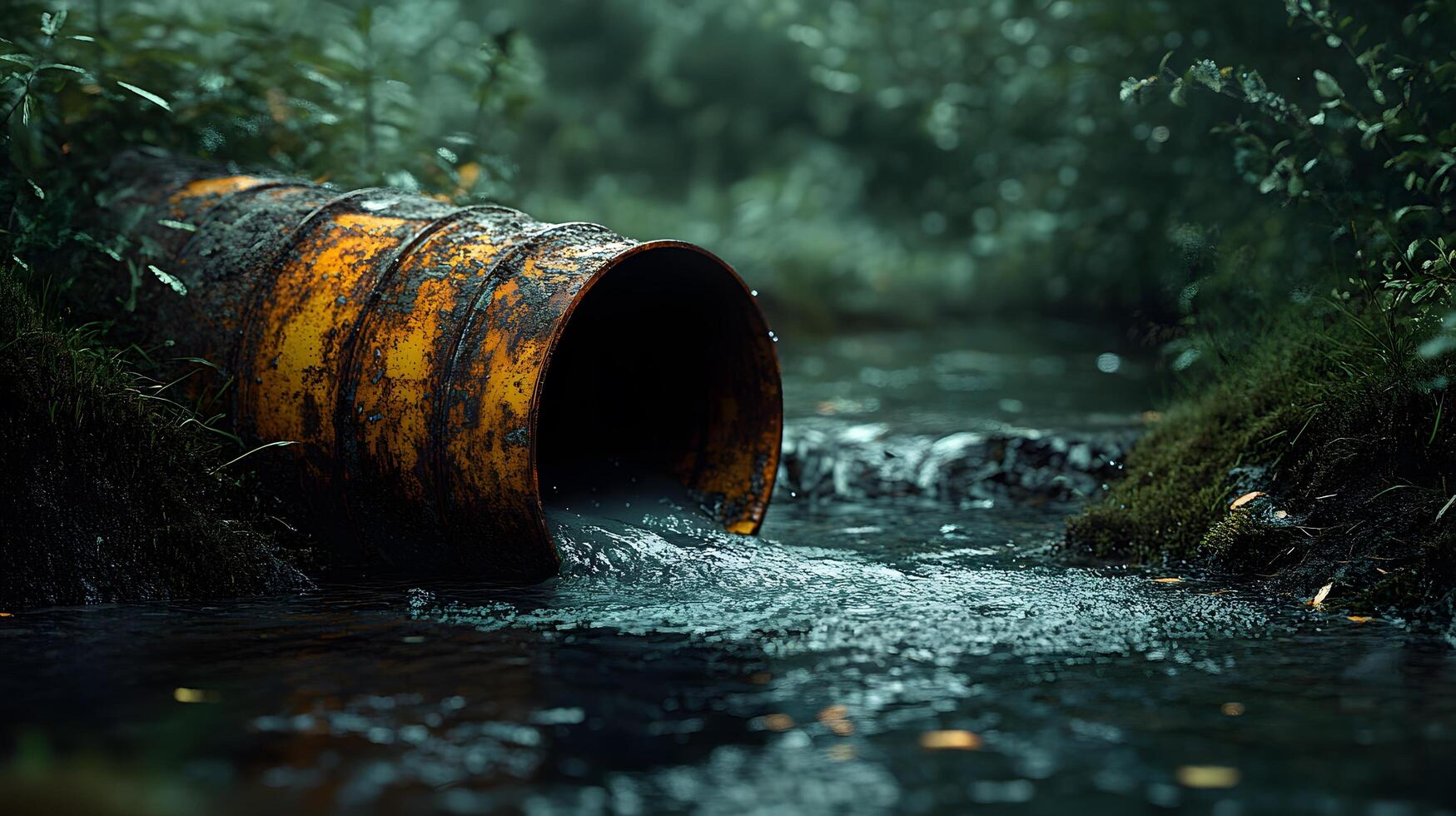 Industrial drainage pipe with flowing wastewater, featuring rusty metal texture and moss surroundings, capturing environmental impact with natural lighting and gritty details. impact photo