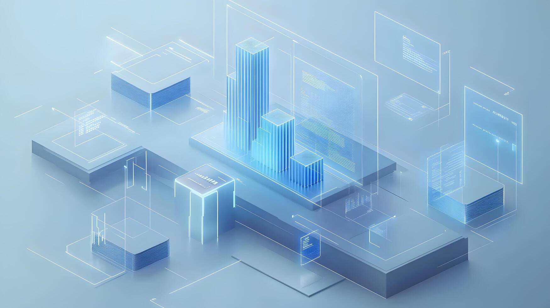 3D business data visualization with floating blue bar charts, UI dashboard elements, and white geometric platforms, featuring holographic statistics in modern infographic style. visualization photo
