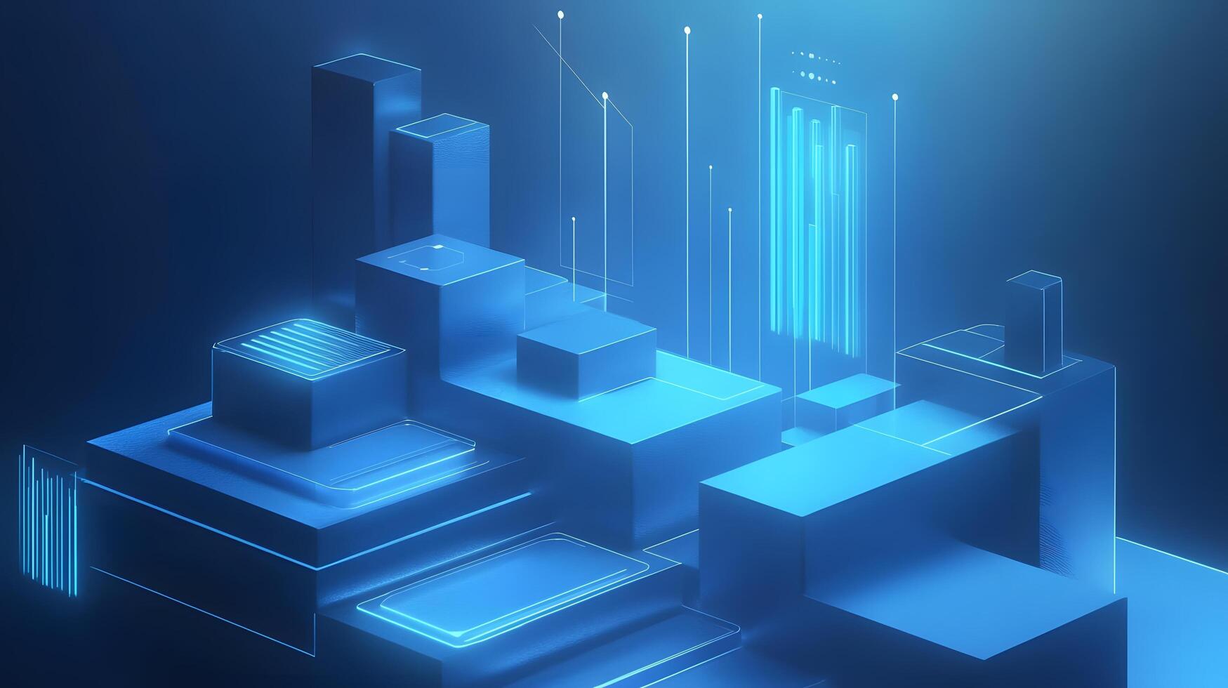 3D business data visualization with floating blue bar charts, UI dashboard elements, and white geometric platforms, featuring holographic statistics in modern infographic style. dashboard photo