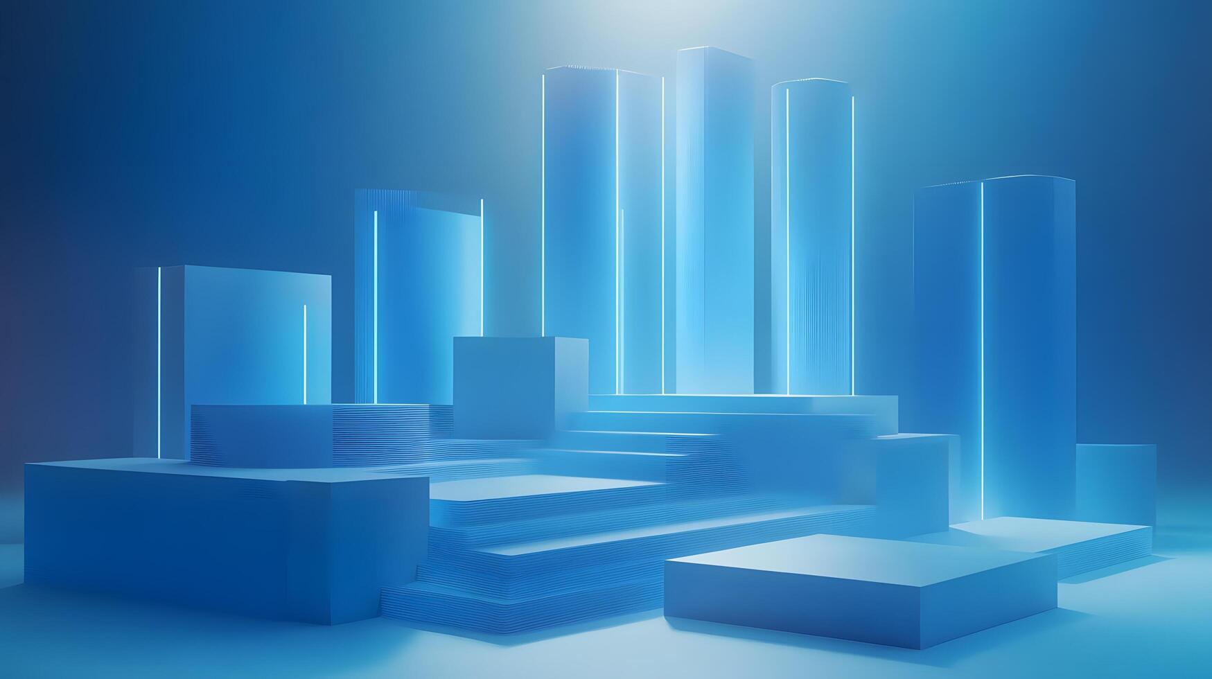 3D business data visualization with floating blue bar charts, UI dashboard elements, and white geometric platforms, featuring holographic statistics in modern infographic style. business photo