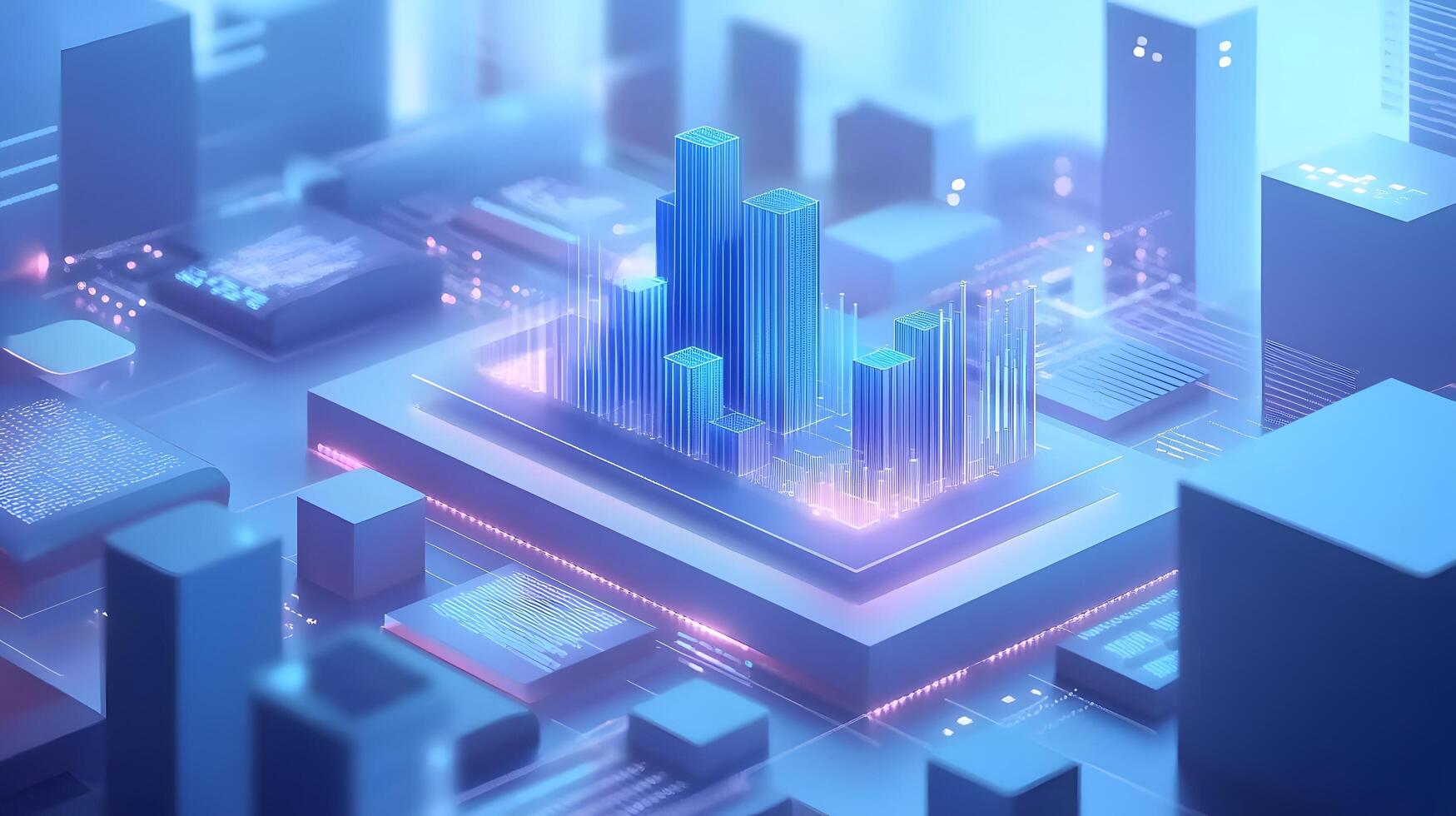 3D business data visualization with floating blue bar charts, UI dashboard elements, and white geometric platforms, featuring holographic statistics in modern infographic style. interface photo
