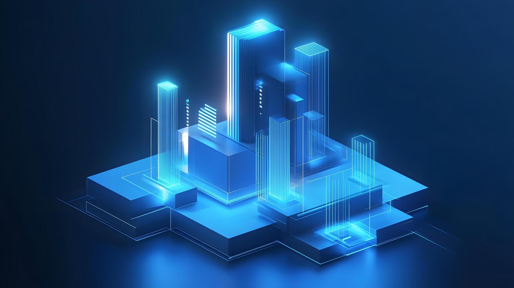 3D business data visualization with floating blue bar charts, UI dashboard elements, and white geometric platforms, featuring holographic statistics in modern infographic style. design photo