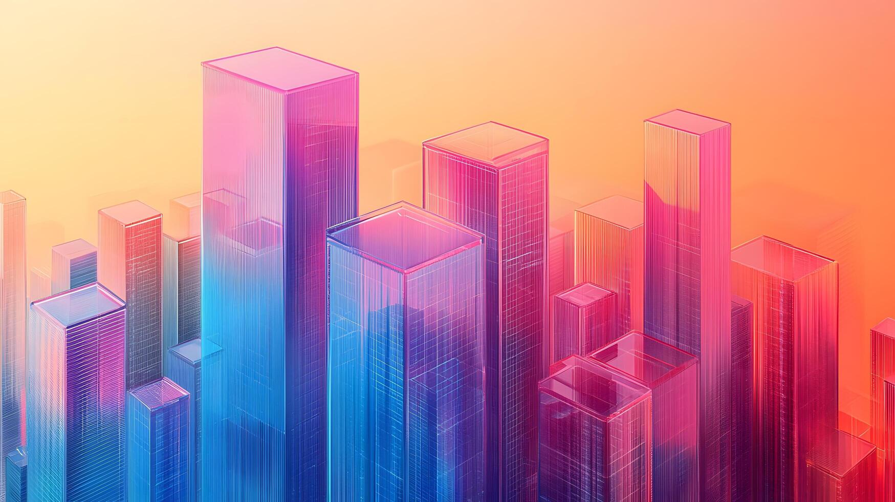 Isometric glass skyscrapers with translucent gradients transitioning from blue to pink, featuring modern geometric shapes and glowing edges on light beige background. balance photo