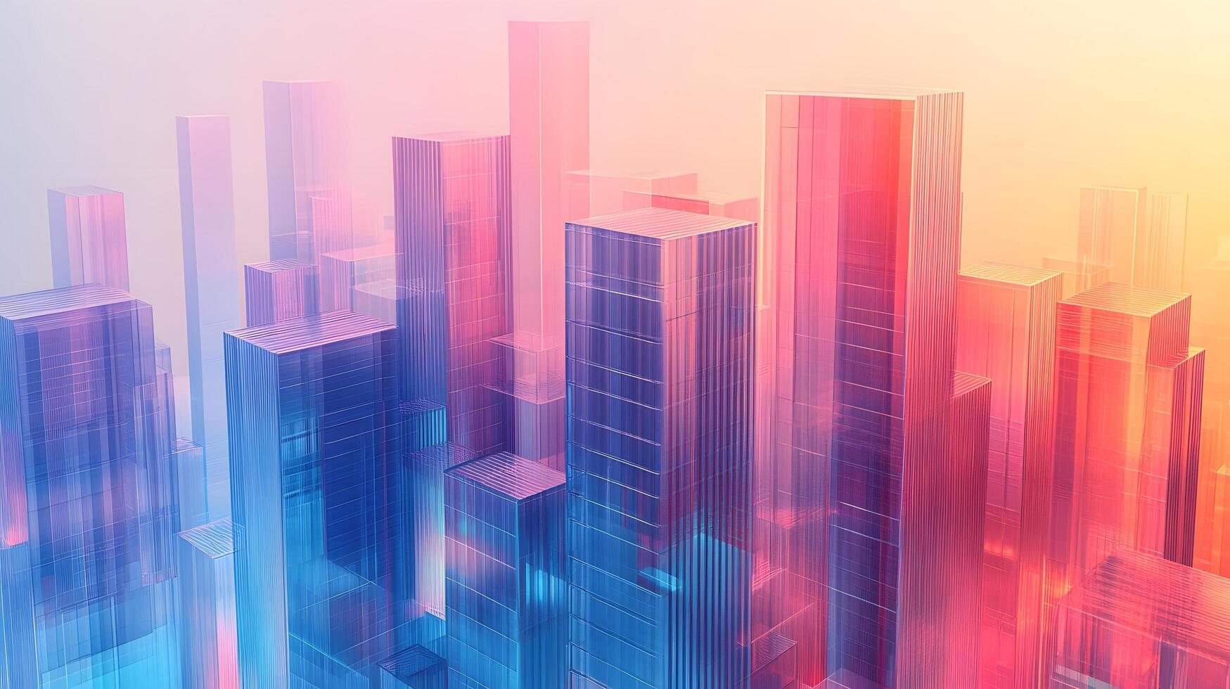 Isometric glass skyscrapers with translucent gradients transitioning from blue to pink, featuring modern geometric shapes and glowing edges on light beige background. symmetry photo