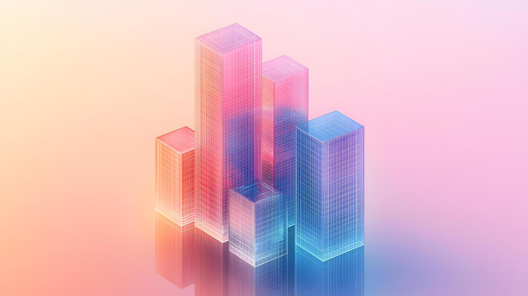 Isometric glass skyscrapers with translucent gradients transitioning from blue to pink, featuring modern geometric shapes and glowing edges on light beige background. glass photo