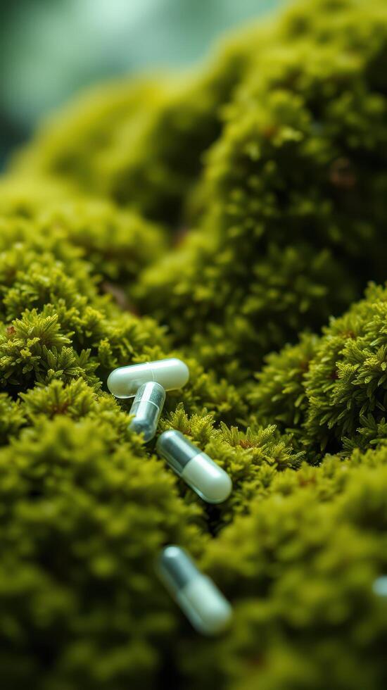 A close up of pills on moss photo