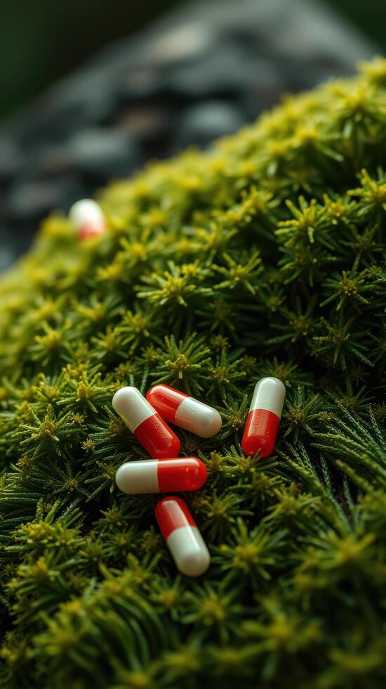 Pills on a moss covered plant photo