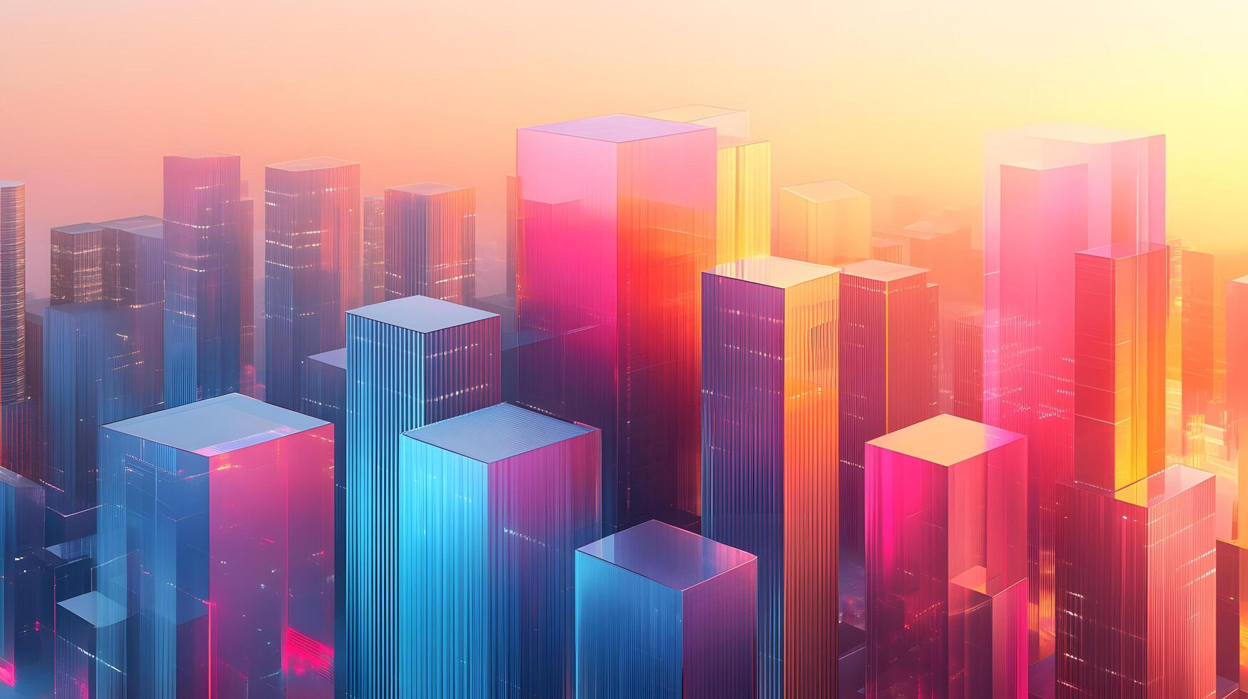 Isometric glass skyscrapers with translucent gradients transitioning from blue to pink, featuring modern geometric shapes and glowing edges on light beige background. blue photo